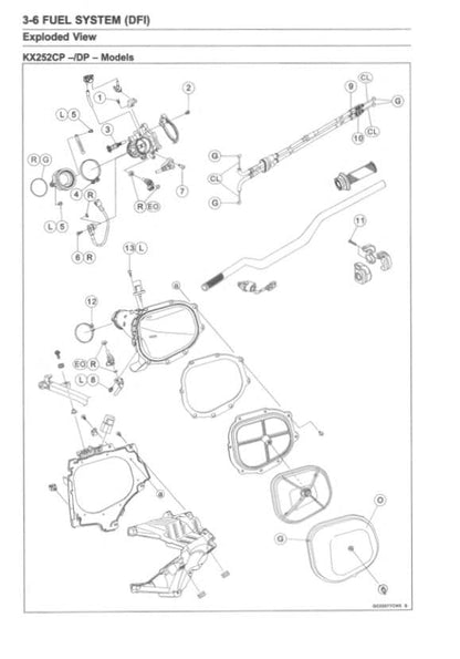 Kawasaki KX 250 KX250X Motorcycle Service Manual sample page showing repair procedures