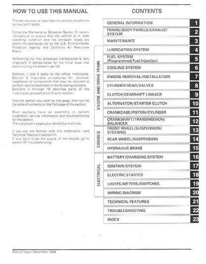 Honda CBR1100 Motorcycle Service Manual table of contents