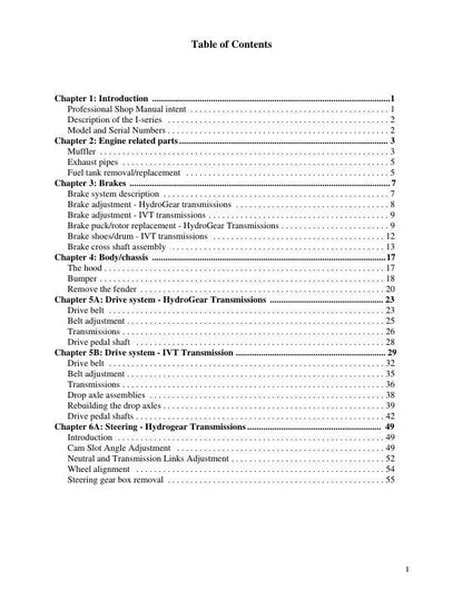 Cub Cadet I Series Tractor Service Manual table of contents