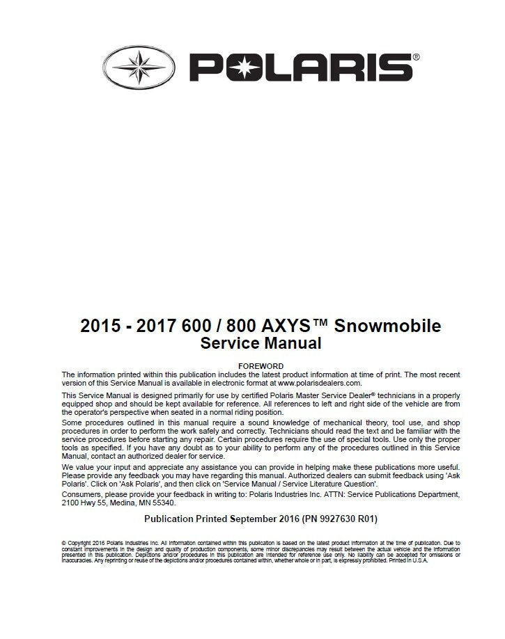Polaris AXYS 600 800 Snowmobile Service Manual factory service manual title page