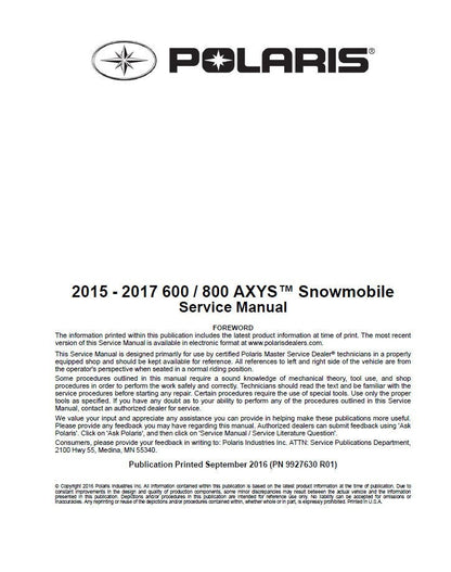 Polaris AXYS 600 800 Snowmobile Service Manual factory service manual title page