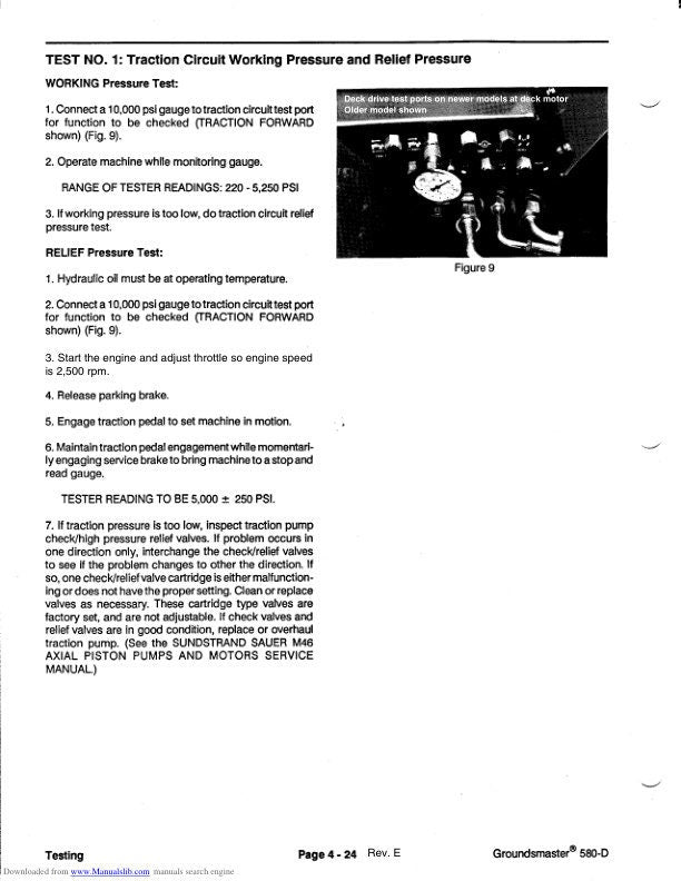 Toro Groundsmaster 580 D Mower Service Manual sample page with technical illustrations