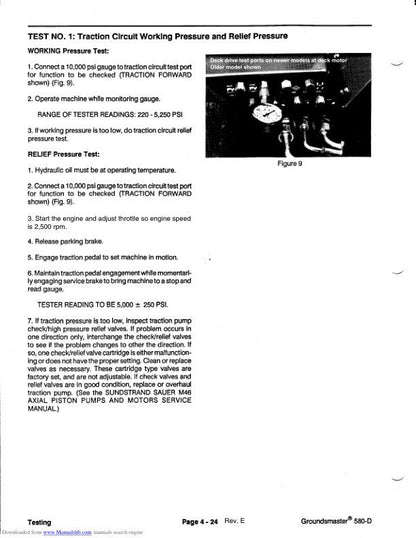 Toro Groundsmaster 580 D Mower Service Manual sample page with technical illustrations