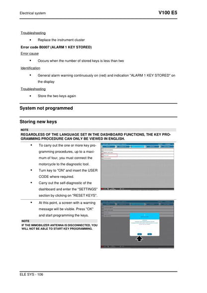 Moto Guzzi V100 Mandello E5 Motorcycle Service Manual sample page with diagrams and specifications
