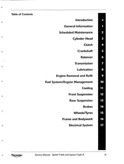 Triumph Speed Triple Motorcycle Service Manual table of contents