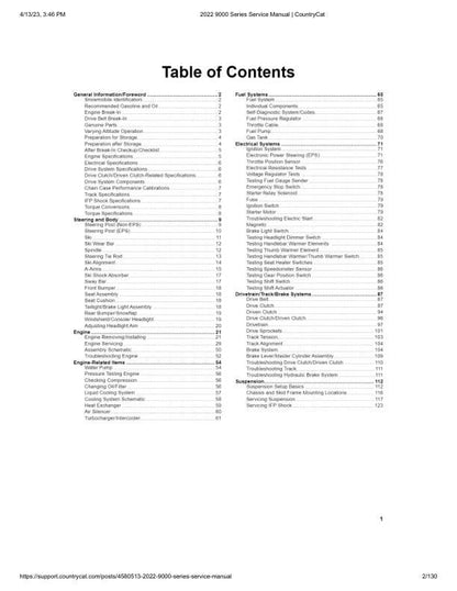 Arctic Cat Thundercat ZR 9000 Snowmobile Service Manual table of contents