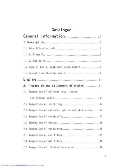 HiSun HS500 ATV Service Manual table of contents