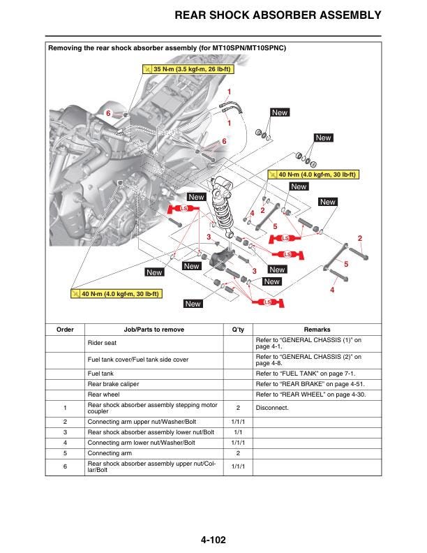 Yamaha MT10 MT10SP Motorcycle Service Manual sample page showing repair procedures