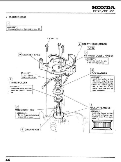Honda BF8A Outboard Service Manual sample page with diagrams and specifications