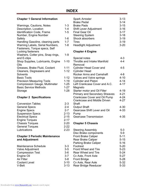 HiSun HS800 UTV Service Manual table of contents