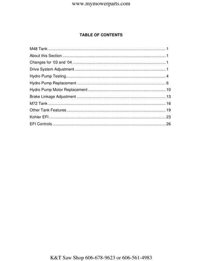 Cub Cadet M48 Tank Zero Turn Mower Service Manual table of contents