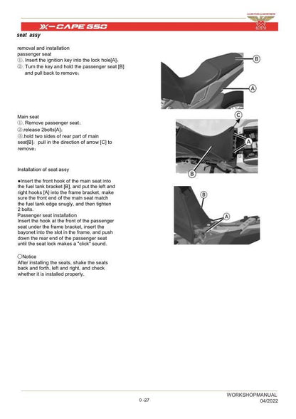 Motormorini X Cape 650 Motorcycle Service Manual sample page showing repair procedures