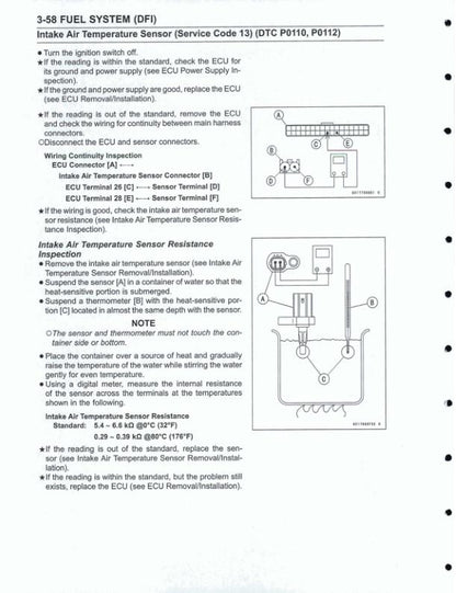 Kawasaki Ninja EX 400 GJ Motorcycle Service Manual sample page with diagrams and specifications