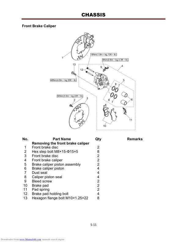 HiSun HS800 UTV Service Manual sample page with service data and tables