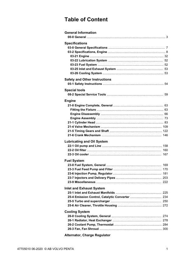 Volvo Penta TAD 540 550 570 580 840 850 870 880 Service Manual table of contents