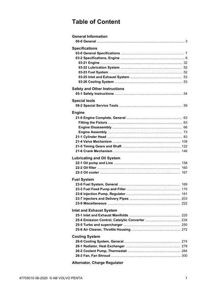 Volvo Penta TAD 540 550 570 580 840 850 870 880 Service Manual table of contents