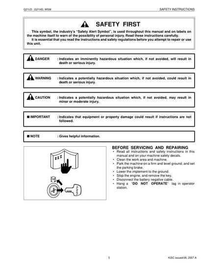Kubota G21LD G21HD Mower Service Manual table of contents