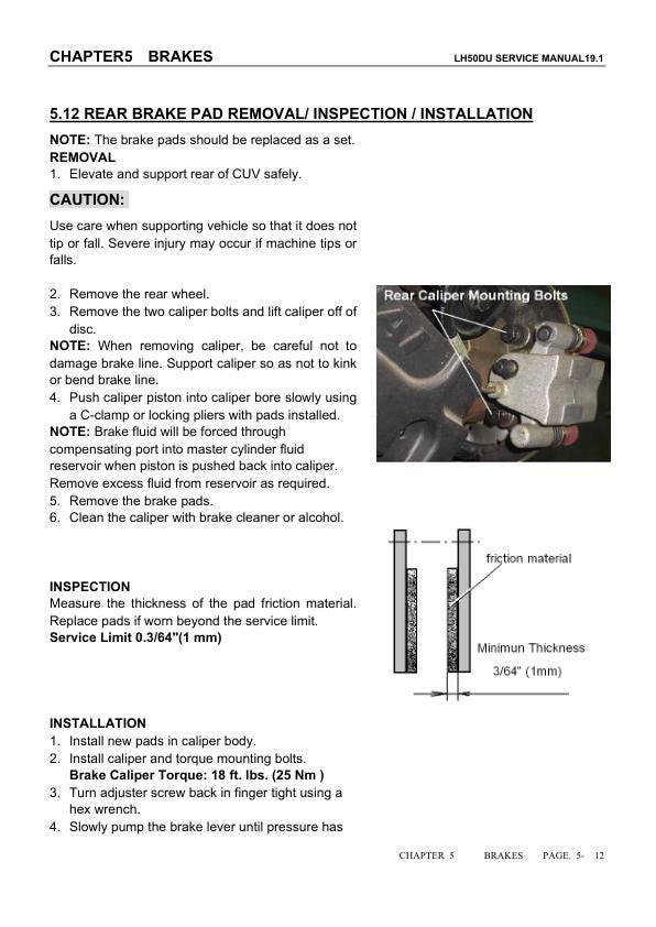 Linhai Crossfire E5 LH50U UTV Service Manual sample page with service data and tables
