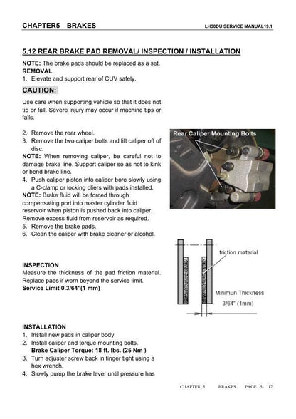 Linhai Crossfire E5 LH50U UTV Service Manual sample page with service data and tables