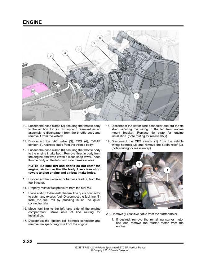 Polaris Sportsman 570 EFI ATV Service Manual sample page with diagrams and specifications
