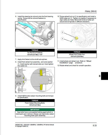 Polaris GENERAL XP XP4 UTV Service Manual sample page with diagrams and specifications