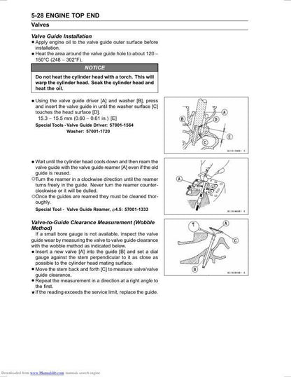 Kawasaki Ninja 300 Motorcycle Service Manual sample page with diagrams and specifications