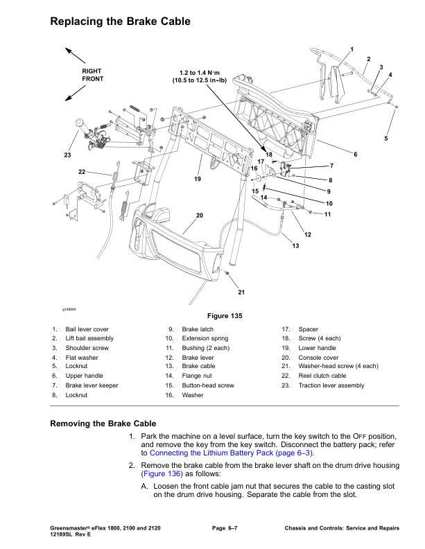 Toro Greensmaster eFlex 1800 2100 2120 Mower Service Manual sample page showing repair procedures