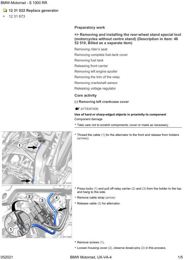 BMW S1000 RR K67 Motorcycle Service Manual sample page with technical illustrations