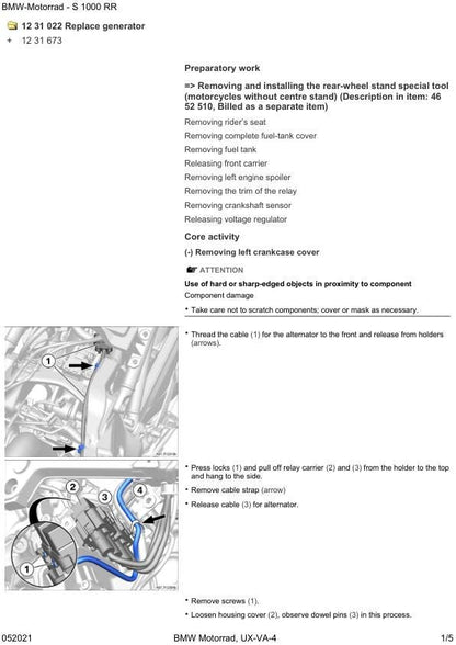 BMW S1000 RR K67 Motorcycle Service Manual sample page with technical illustrations