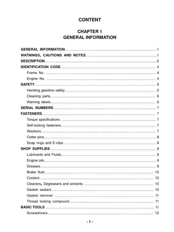HiSun HS1000 UTV2 Service Manual table of contents
