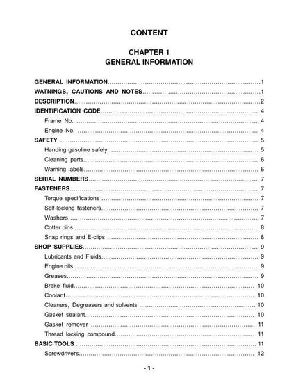 HiSun HS1000 UTV2 Service Manual table of contents