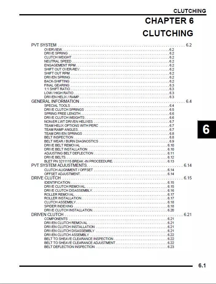 Polaris Trail Fusion Snowmobile Service Manual table of contents