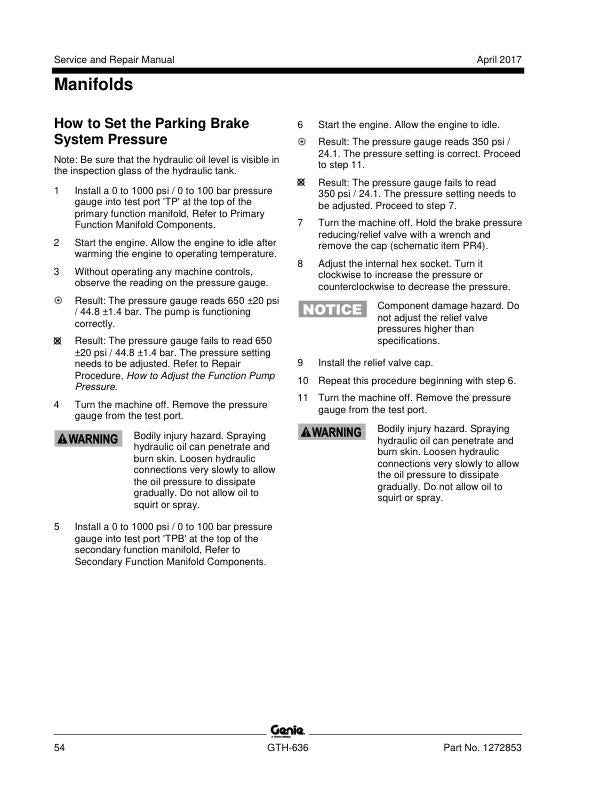 Genie GTH 636 Telehandler Service Manual sample page with service data and tables