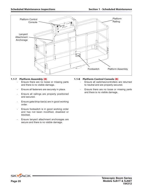 Skyjack SJ61T SJ66T Telescopic Boom Service Manual sample page with diagrams and specifications