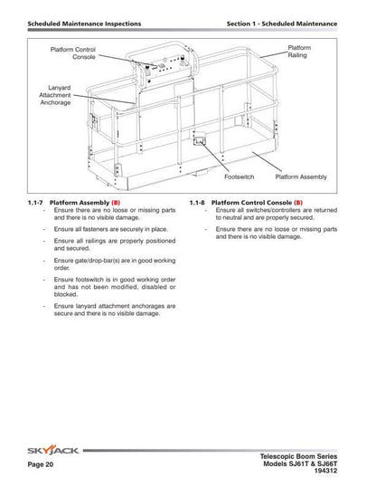 Skyjack SJ61T SJ66T Telescopic Boom Service Manual sample page with diagrams and specifications