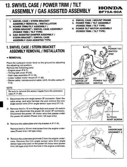 Honda BF75A BF90A Outboard Service Manual sample page with diagrams and specifications
