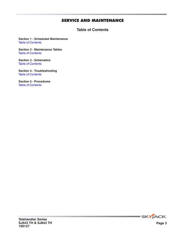 Skyjack SJ 643 843 Telehandler Telescopic Boom Service Manual table of contents