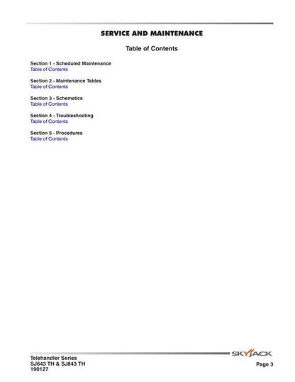 Skyjack SJ 643 843 Telehandler Telescopic Boom Service Manual table of contents