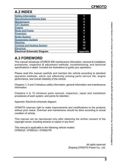 CFMOTO UFORCE 600 UTV Service Manual table of contents