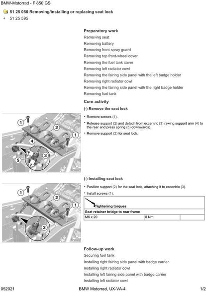 BMW F850 GS K81 Motorcycle Service Manual sample page with service data and tables