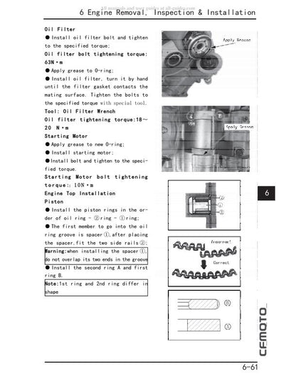 CFMOTO CF500-3 UTV Service Manual sample page with service data and tables