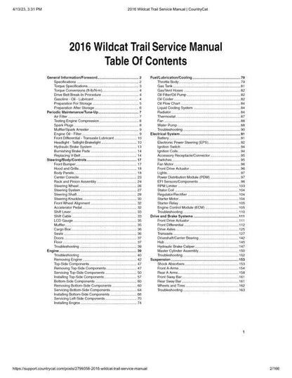 Arctic Cat Wildcat Trail UTV Service Manual table of contents