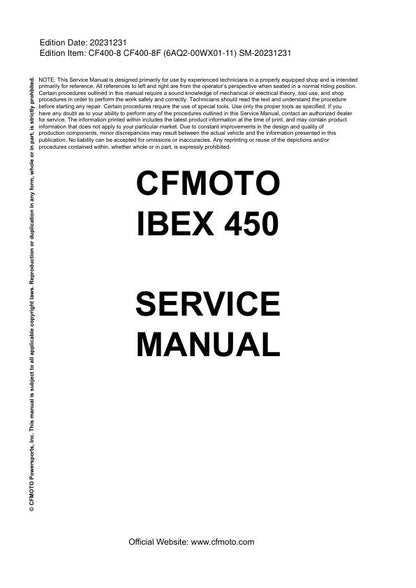 CFMOTO IBEX 450 Service Manual factory service manual title page