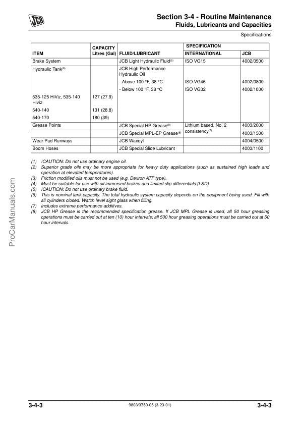 JCB 535 540 550 Loadall Service Manual sample page with service data and tables