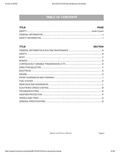 EZGO Terrain 1500 Gas Golf Cart Service Manual sample page with diagrams and specifications
