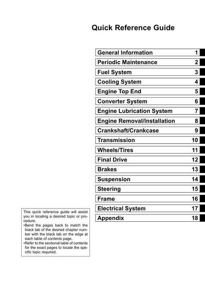 Kawasaki Mule 4010 Trans4x4 Diesel Utility Vehicle Service Manual table of contents