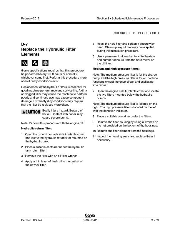 Genie S80 S85 Telescopic Boom Lift Service Manual sample page with technical illustrations