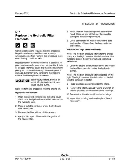 Genie S80 S85 Telescopic Boom Lift Service Manual sample page with technical illustrations