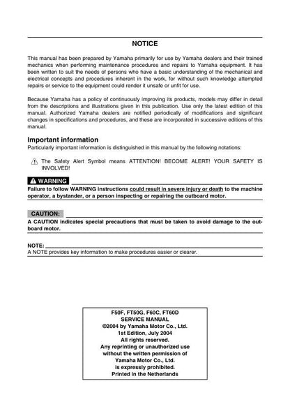 Yamaha F50 F60 Outboard Service Manual table of contents