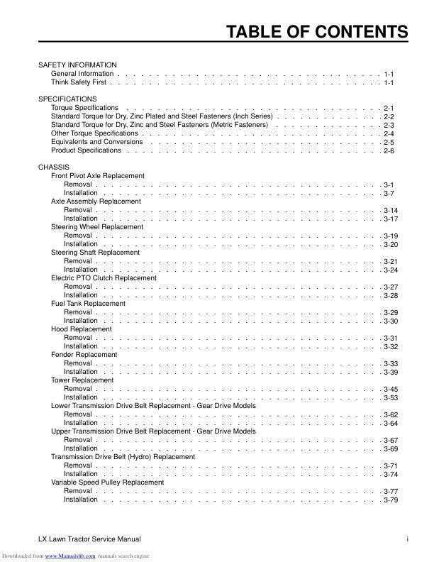 Toro LX420 LX425 LX500 Lawn Tractor Service Manual table of contents